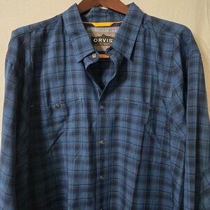 Orvis Active Fit Shirt Men‎ 2XL Long Sleeve Blue Plaid Button Down UPF 30